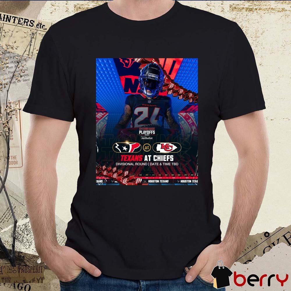 Poster Derek Stingley Jr. Houston Texans At Kansas City Chiefs Divisional Round Date And Time TBD H-Town Made NFL Playoffs 2024 t-shirt