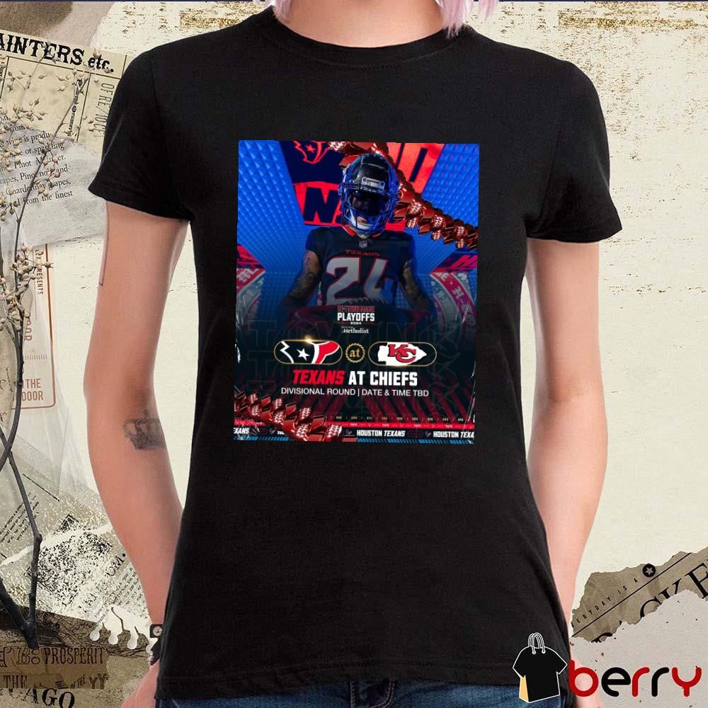 Poster Derek Stingley Jr. Houston Texans At Kansas City Chiefs Divisional Round Date And Time TBD H-Town Made NFL Playoffs 2024 t-shirt