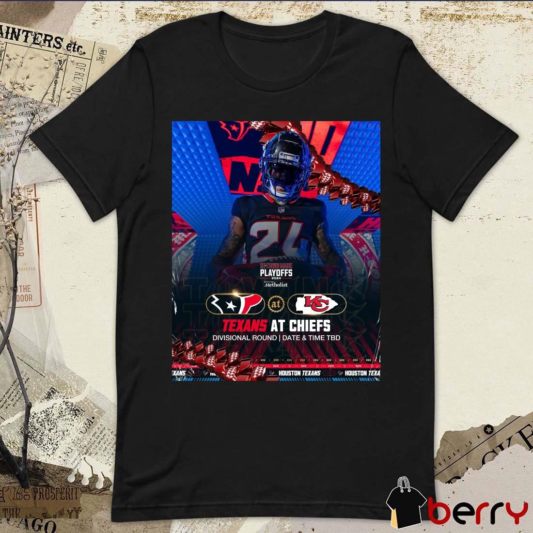 Poster Derek Stingley Jr. Houston Texans At Kansas City Chiefs Divisional Round Date And Time TBD H-Town Made NFL Playoffs 2024 t-shirt