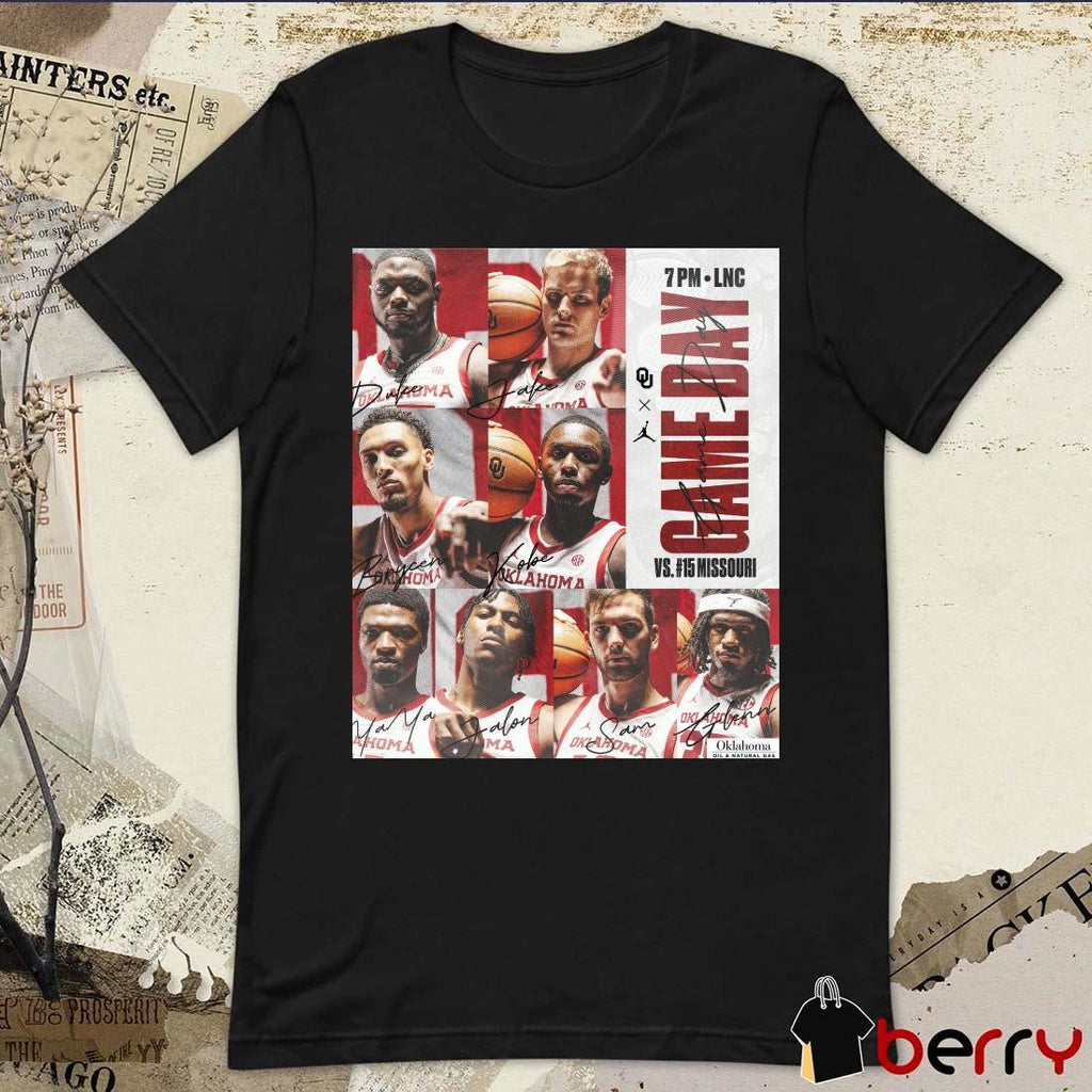 Poster Gameday Oklahoma Sooners Vs Missouri Tigers Senior Night at the LNC Players Signatures t-shirt
