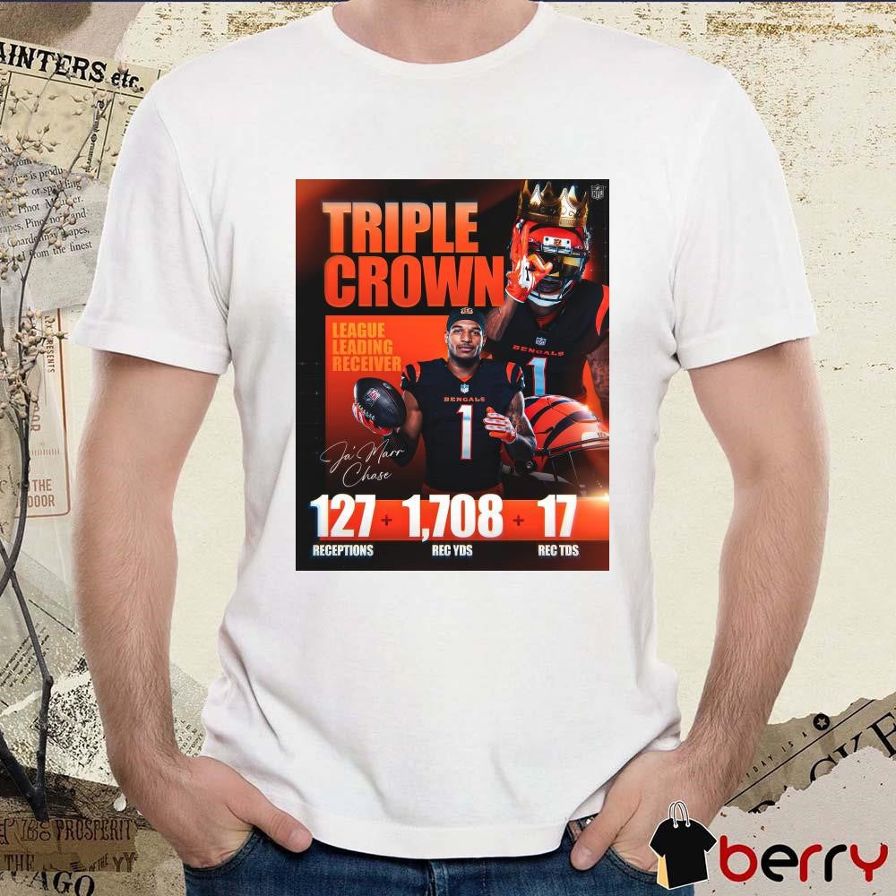 Poster Ja’Marr Chase Triple Crown League Leading Receiver 127 Receptions 1708 Rec YDs 17 Rec TDs Signature t-shirt