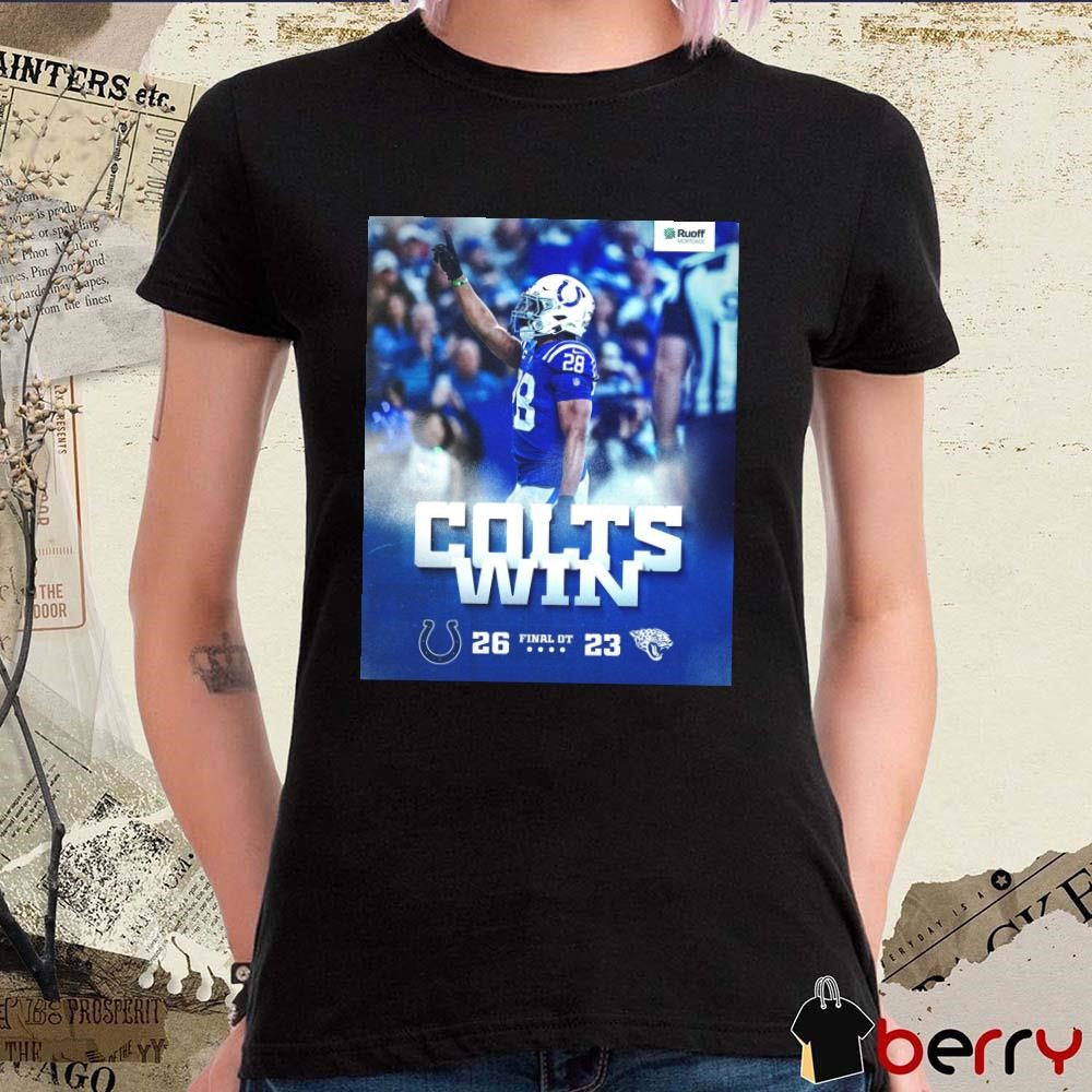 Poster Jonathan Taylor Final OT Indianapolis Colts Win Jacksonville Jaguars 26 – 23 Score Ruoff Mortgage t-shirt