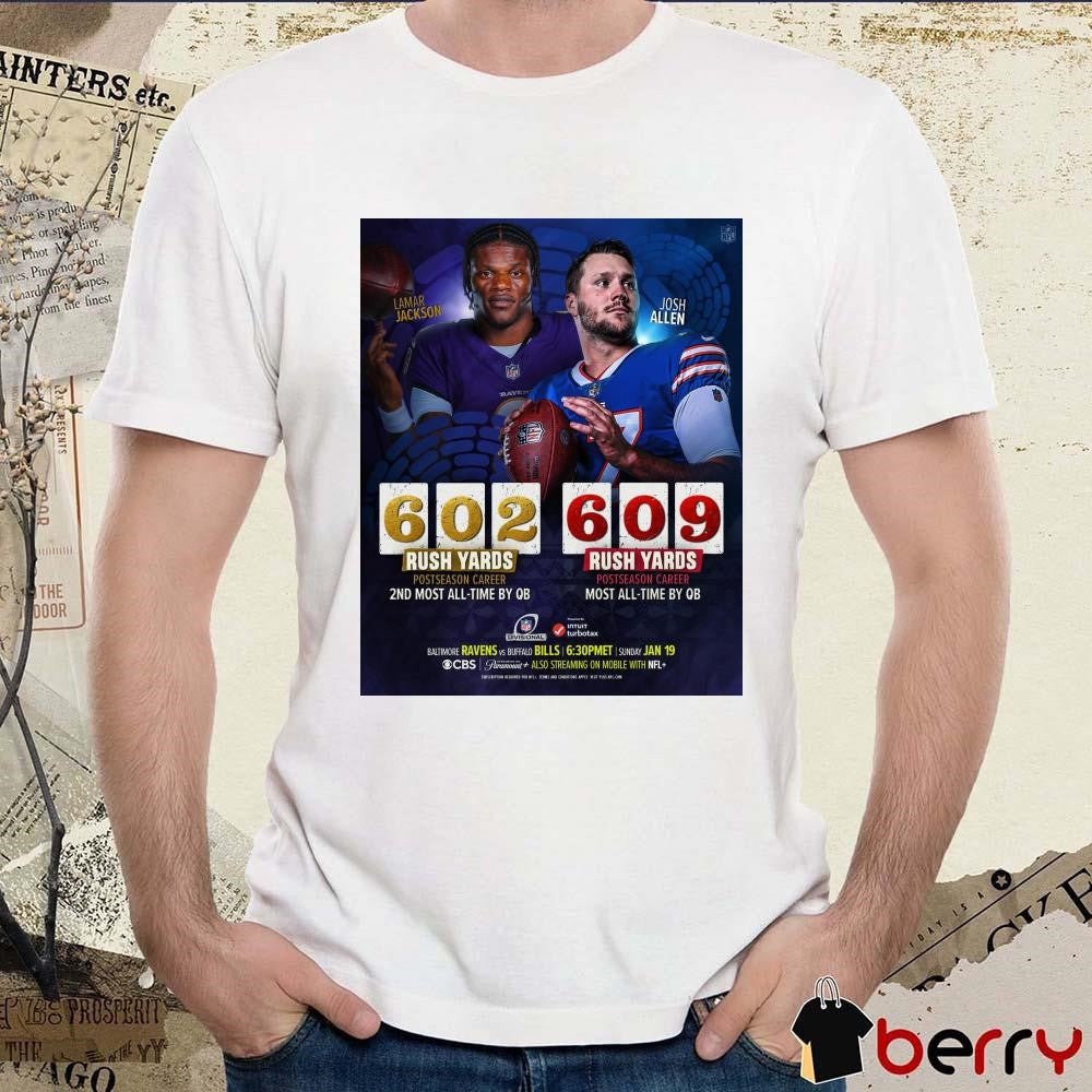 Poster Lamar Jackson Ravens 602 Rush Yards 2nd Most All-Time By QB And Josh Allen Bills 609 Rush Yards Most All-Time By QB t-shirt