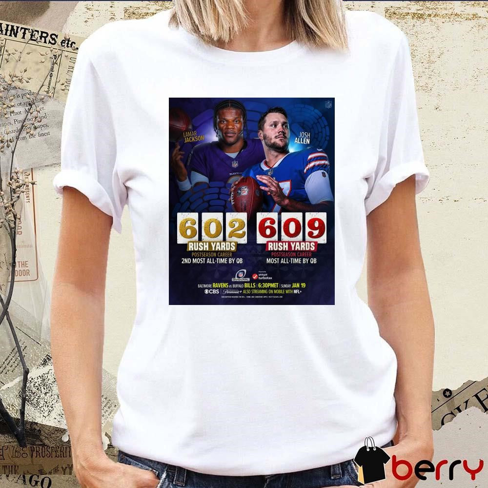 Poster Lamar Jackson Ravens 602 Rush Yards 2nd Most All-Time By QB And Josh Allen Bills 609 Rush Yards Most All-Time By QB t-shirt