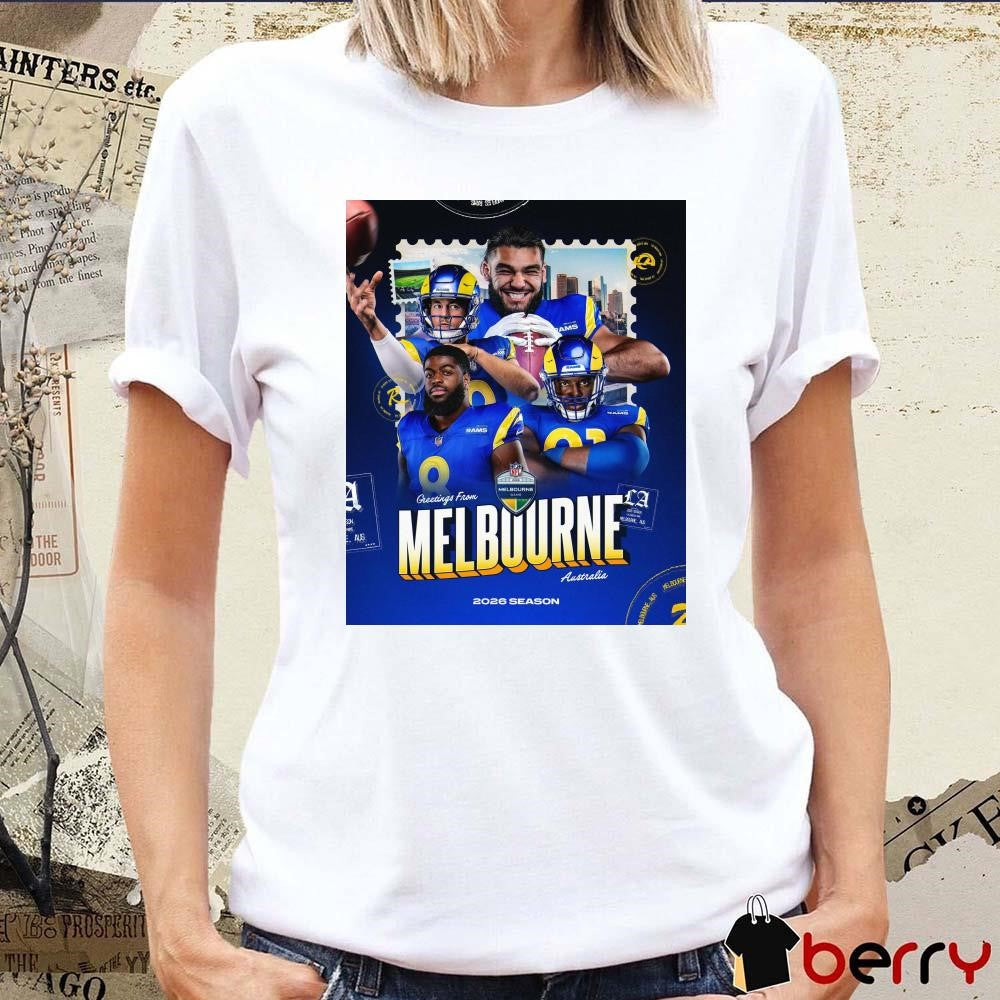 Poster Los Angeles Rams Greetings From Melbourne Australia NFL Football 2026 Season G’Day Melbourne t-shirt
