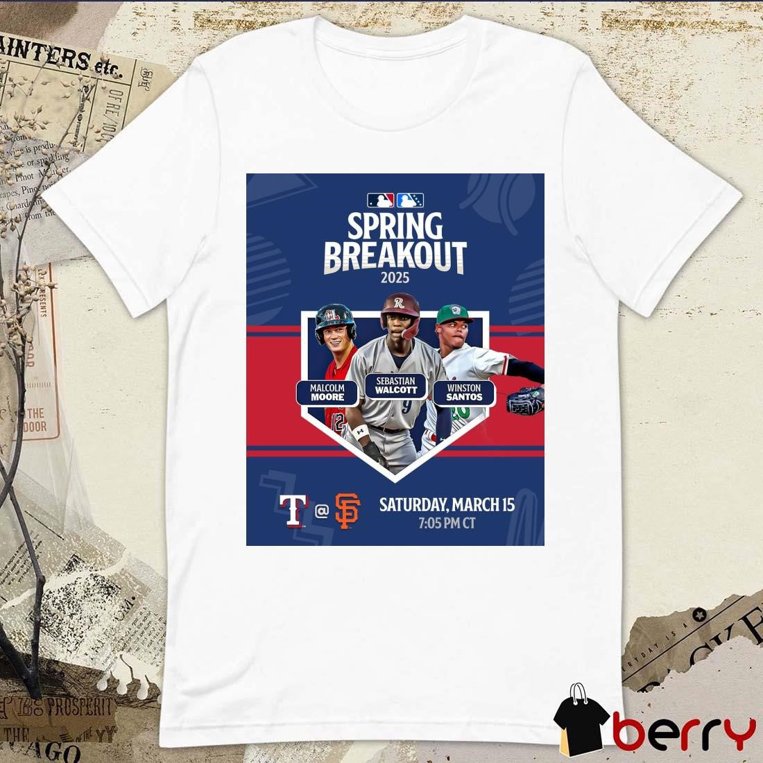Poster MLB Spring Breakout 2025 Malcolm Moore Sebastian Walcott Winston Santos Texas Rangers At San Francisco Giants March 15 t-shirt