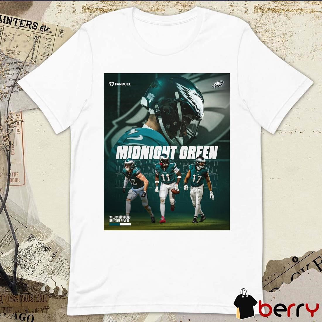 Poster Philadelphia Eagles Jalen Hurts A.J. Brown Reed Blankenship Nakobe Dean Midnight Green Wildcard Round Uniform Reveal t-shirt