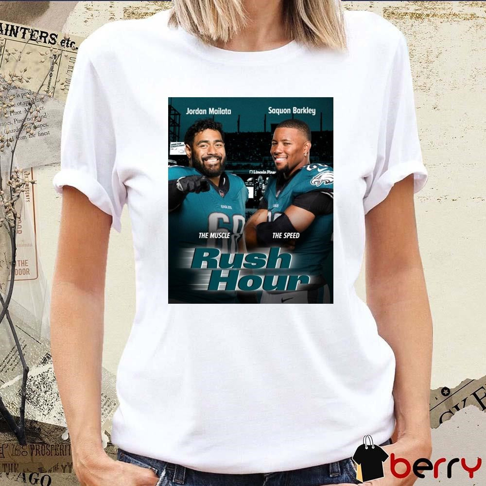 Poster Philadelphia Eagles Jordan The Muscle And Saquon Barkley The Speed Rush Hour 2025 NFL Playoffs t-shirt
