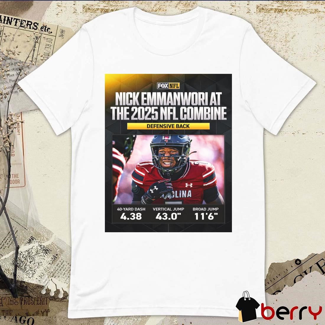 Poster South Carolina Gamecocks DB Nick Emmanwori At The 2025 NFL Combine Defensive Back 40-Yard Dash 4.38 On FOX t-shirt