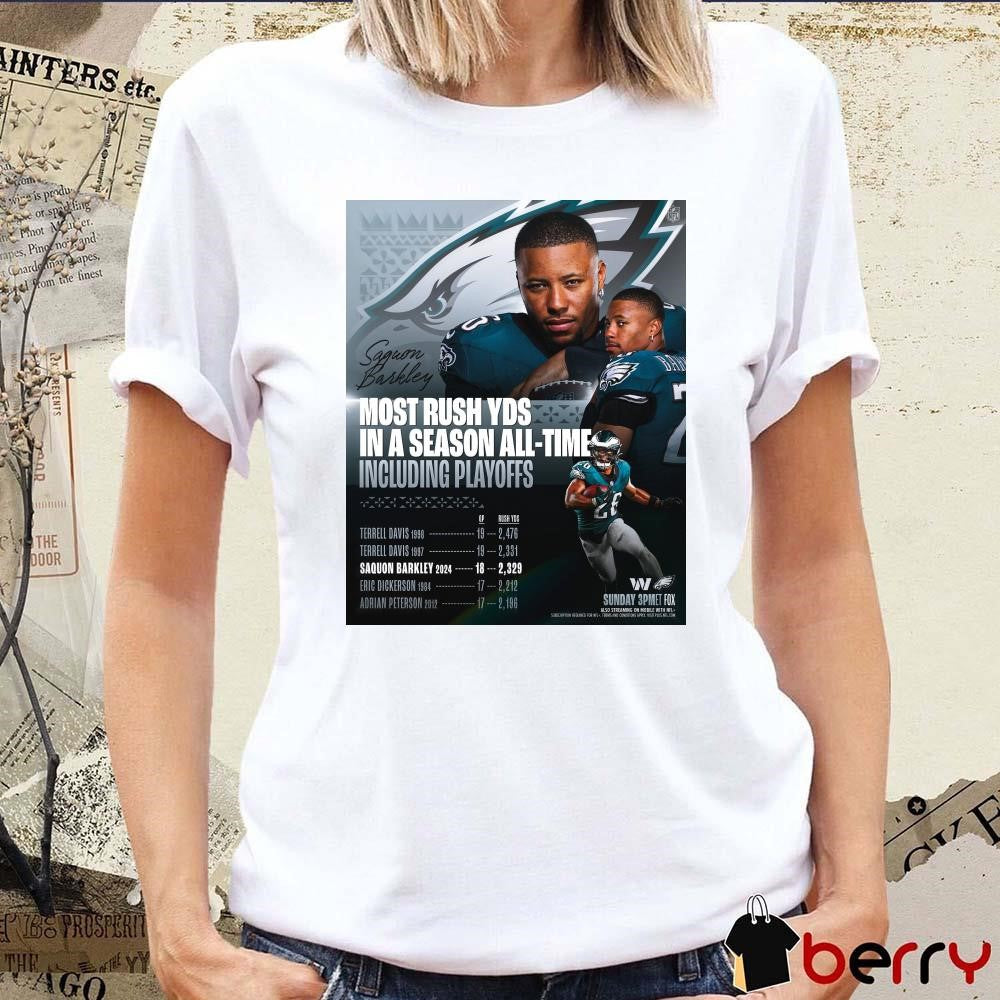 Poster Washington Commanders Vs Philadelphia Eagles Saquon Barkley Most Rush YDs In A Season All-Time Including Playoffs t-shirt
