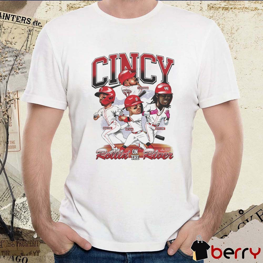 Rollin’ On The River Cincinnati Reds Baseball Spencer Steer Matt Mclain Tyler Stephenson Elly De La Cruz Players Caricatures t-shirt