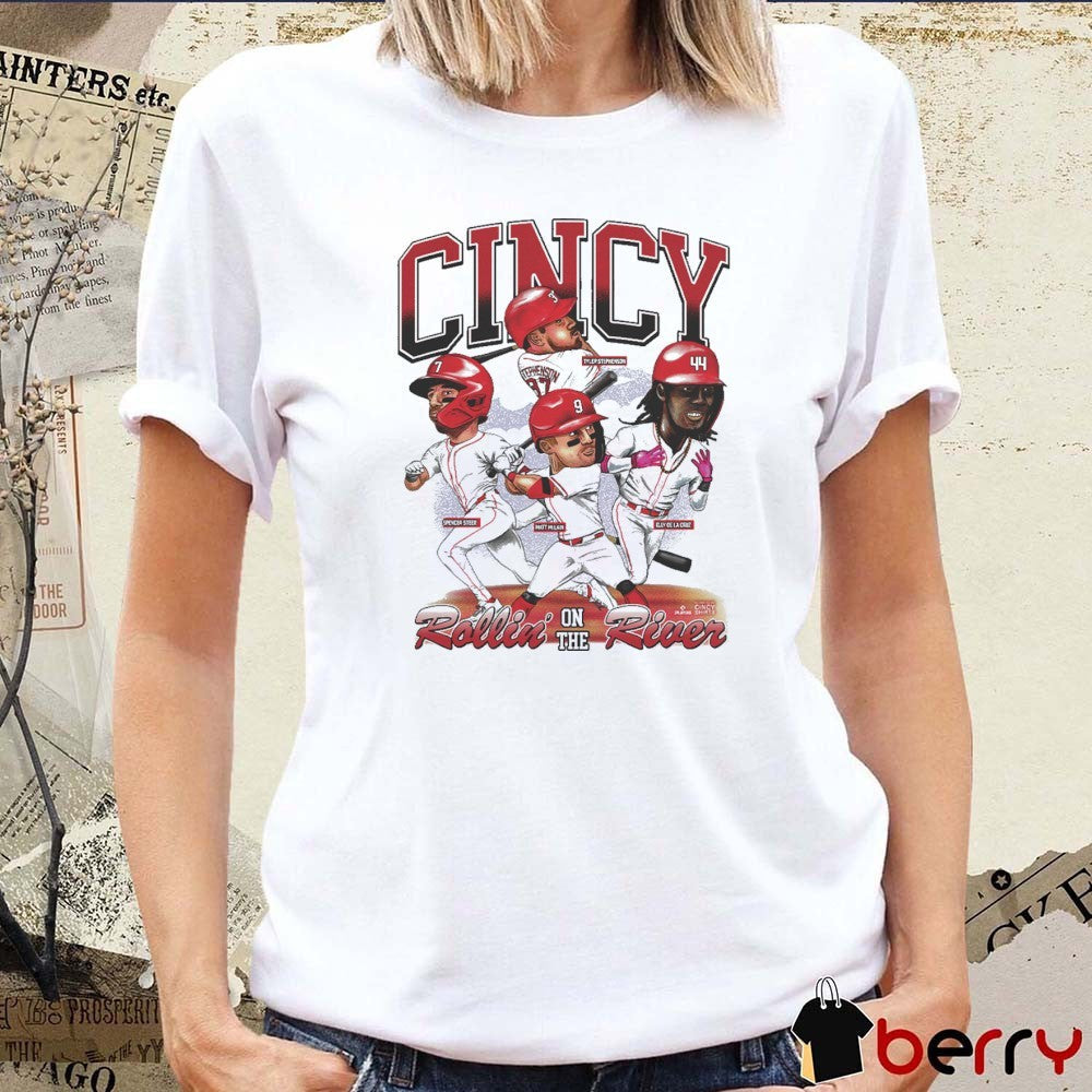 Rollin’ On The River Cincinnati Reds Baseball Spencer Steer Matt Mclain Tyler Stephenson Elly De La Cruz Players Caricatures t-shirt