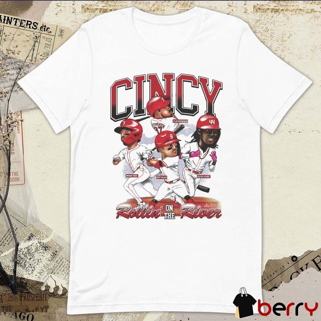 Rollin’ On The River Cincinnati Reds Baseball Spencer Steer Matt Mclain Tyler Stephenson Elly De La Cruz Players Caricatures t-shirt