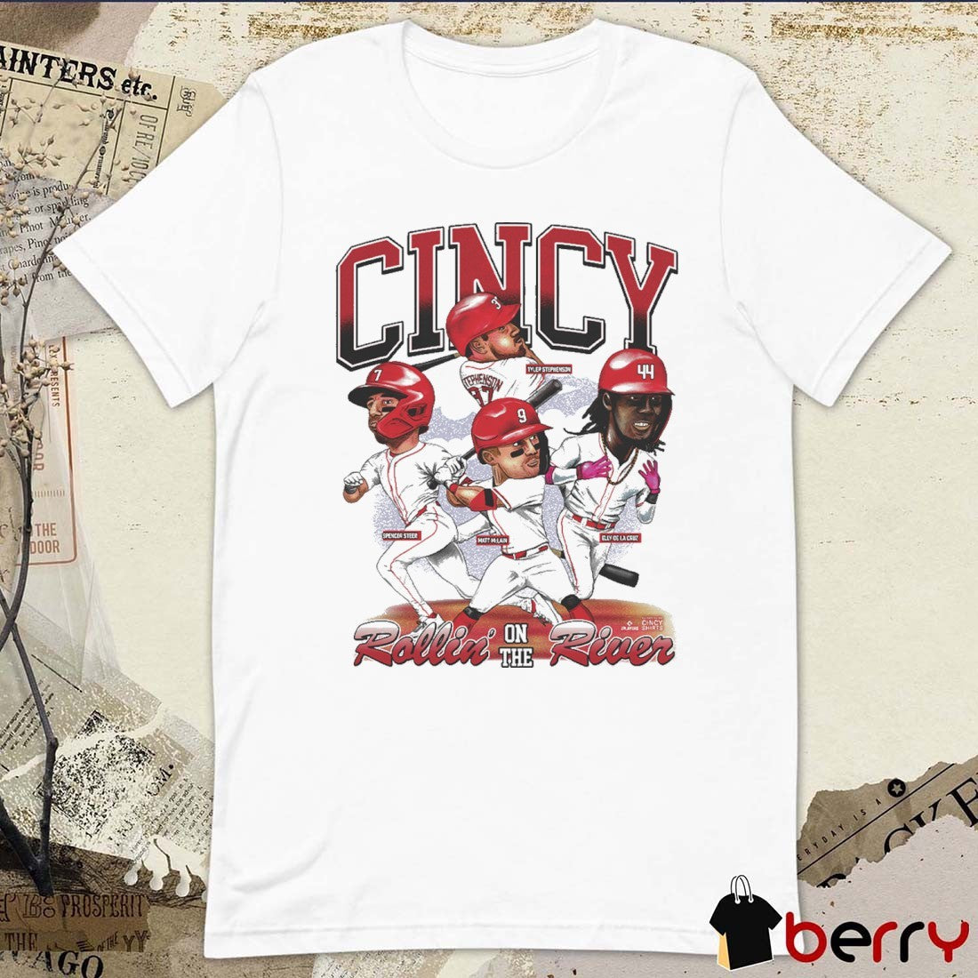 Rollin’ On The River Cincinnati Reds Baseball Spencer Steer Matt Mclain Tyler Stephenson Elly De La Cruz Players Caricatures t-shirt
