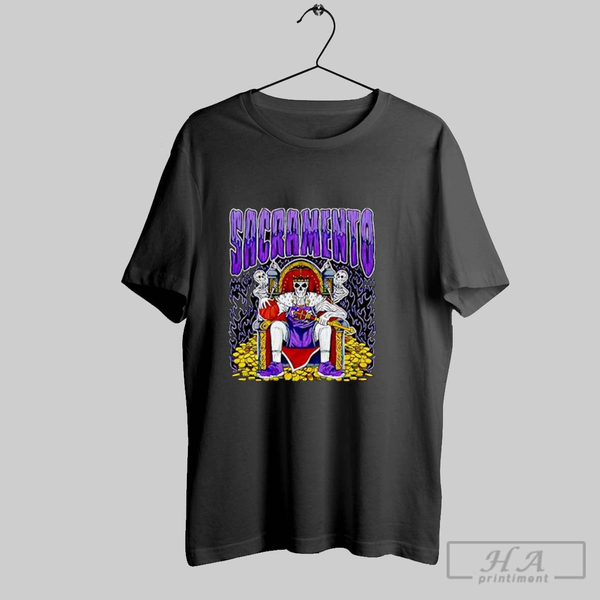 Official Sacramento Skeleton King On Throne With Crown And Basketball Posters Black