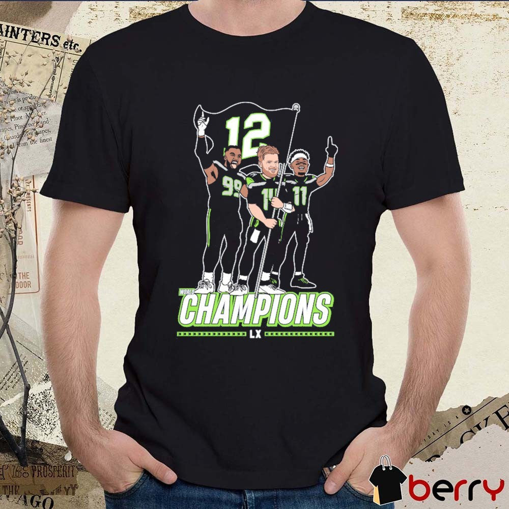 Seattle Seahawks 2025 NFL World Champions LX Flag Plant Sam Darnold, Jaxon Smith-Njigba, and Demarcus Lawrence t-shirt