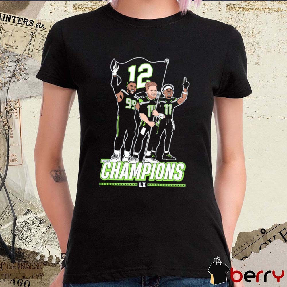 Seattle Seahawks 2025 NFL World Champions LX Flag Plant Sam Darnold, Jaxon Smith-Njigba, and Demarcus Lawrence t-shirt