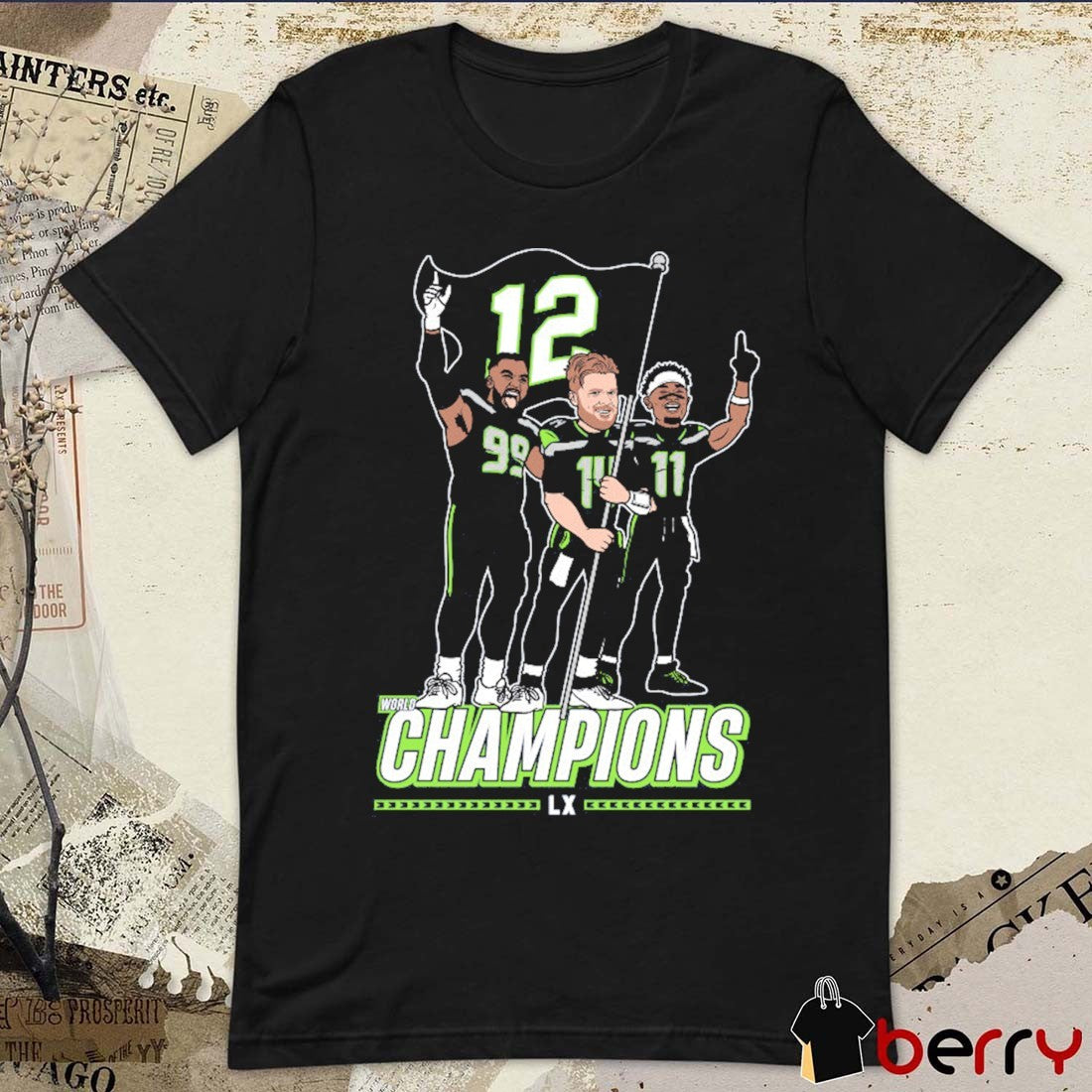 Seattle Seahawks 2025 NFL World Champions LX Flag Plant Sam Darnold, Jaxon Smith-Njigba, and Demarcus Lawrence t-shirt