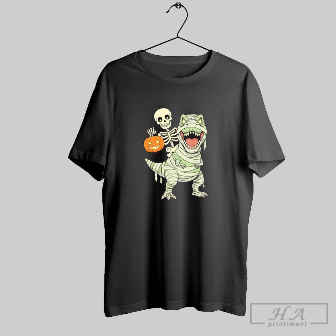 Official Skeleton Riding Mummy Dinosaur T Rex Halloween Funny Pumpkin