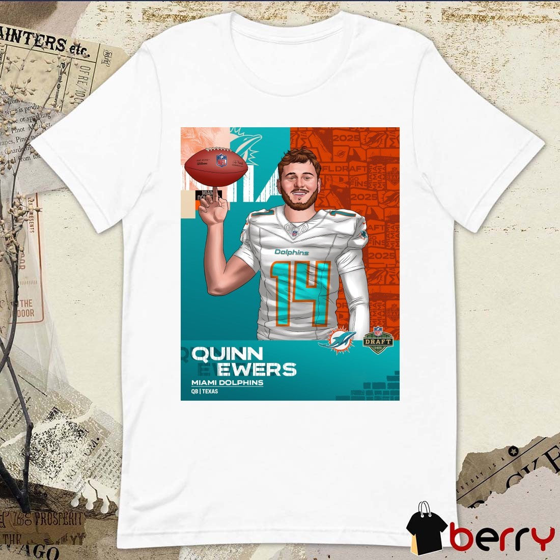 Texas Longhorns to Miami Dolphins Quinn Ewers 14 2025 NFL Draft Poster Art t-shirt