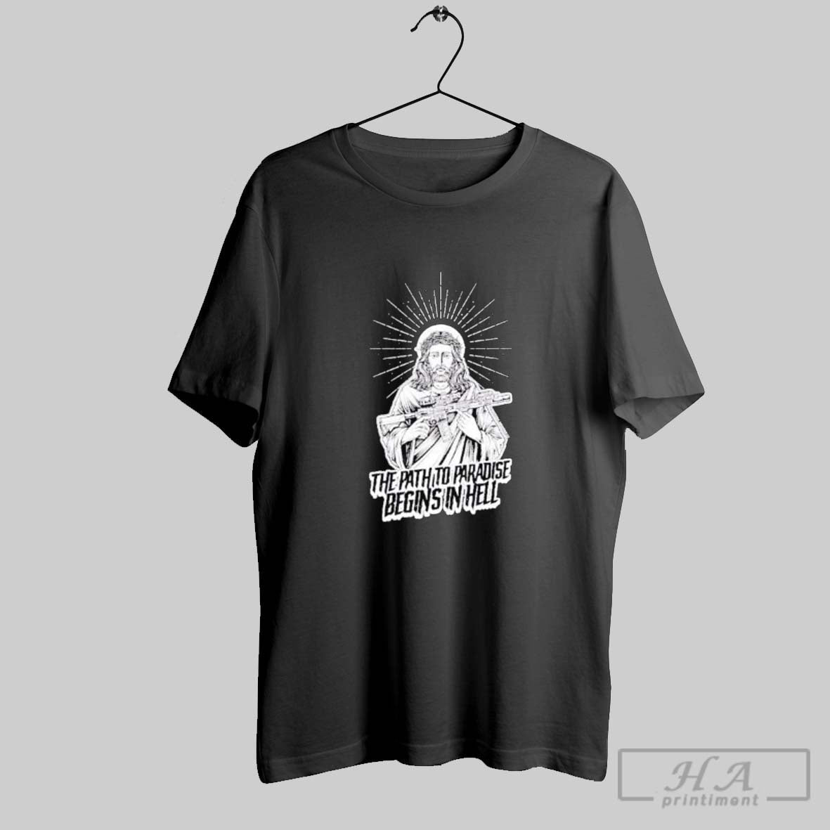 Official The Path To Paradise Begins In Hell Jesus Gun Shirts
