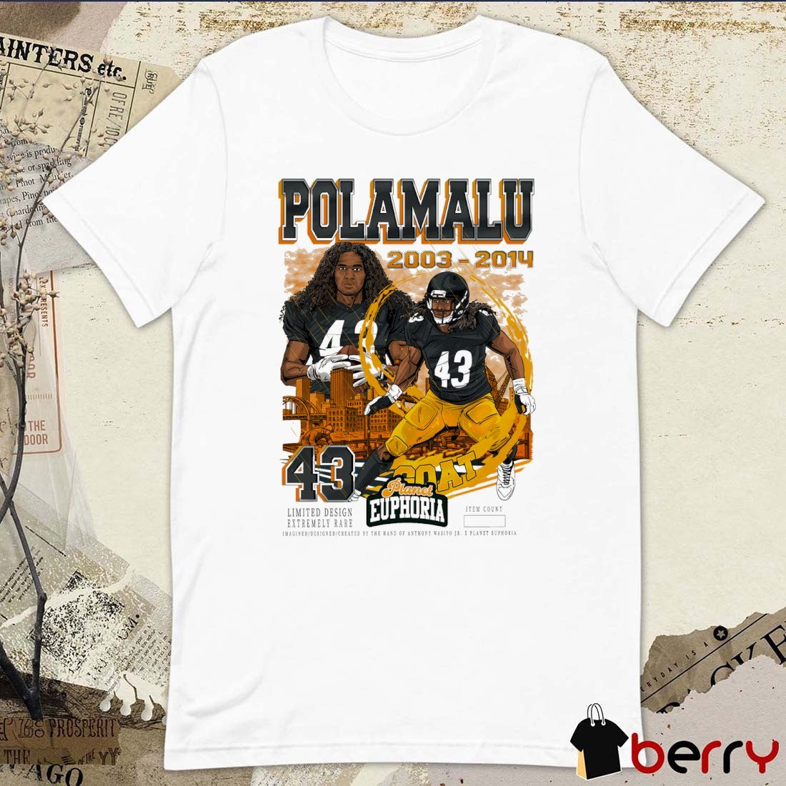Troy Polamalu 2003-2014 Pittsburgh Steelers NFL Planet Euphoria Art t-shirt
