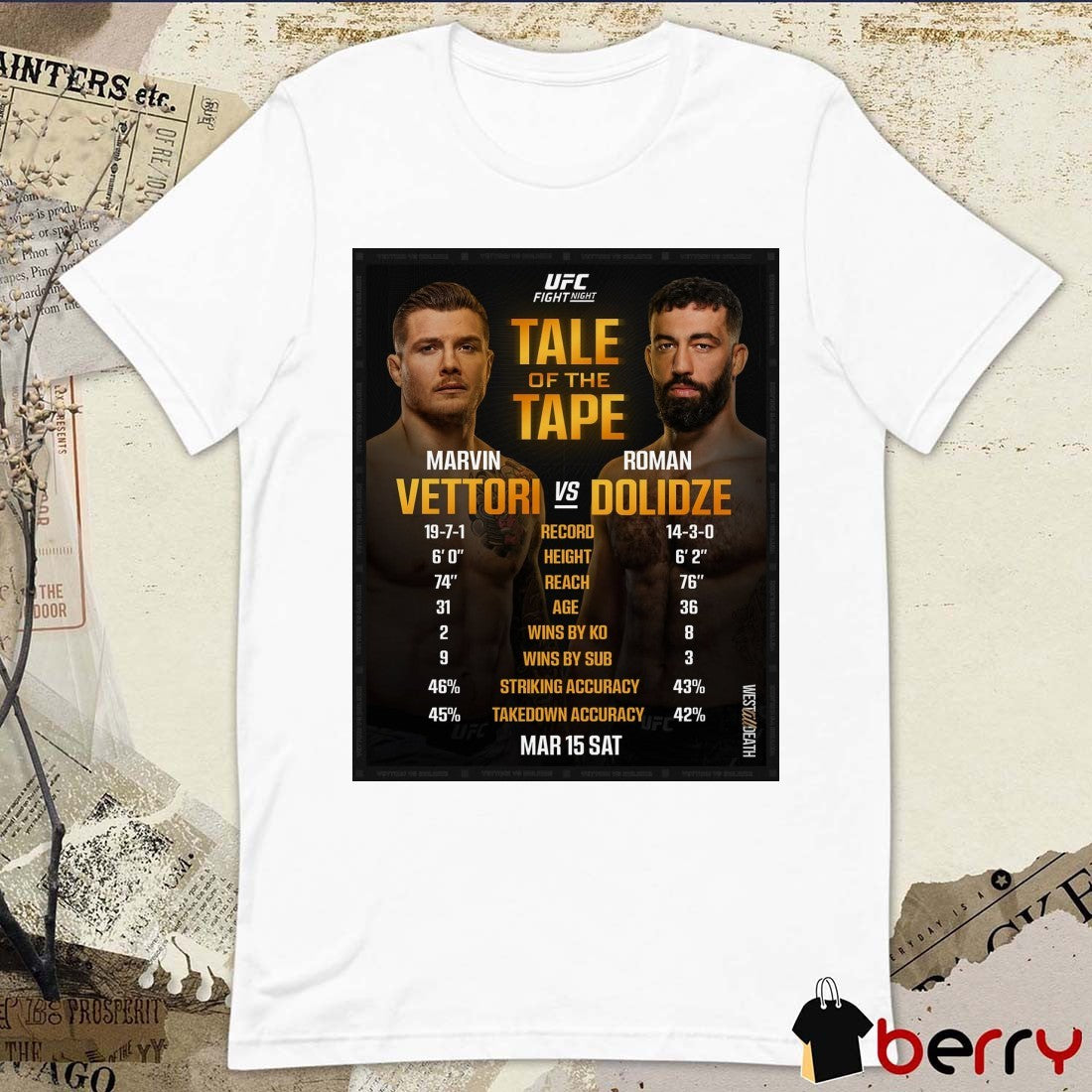 UFC Fight Night Tale Of The Tape Marvin Vettori Vs Roman Dolidze March 15 2025 Saturday West Till Death Poster t-shirt