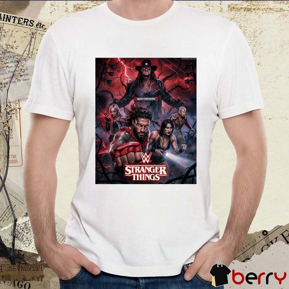WWE Stranger Things Upside Down The Undertaker, Roman Reigns, Cody Rhodes, Rhea Ripley, and Liv Morgan Poster t-shirt