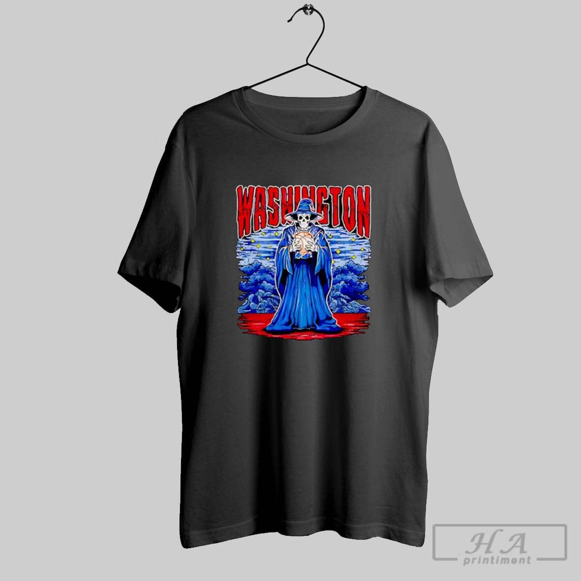 Official Washington Skeleton Wizard Holding Basketball In Dark Fantasy Posters Black