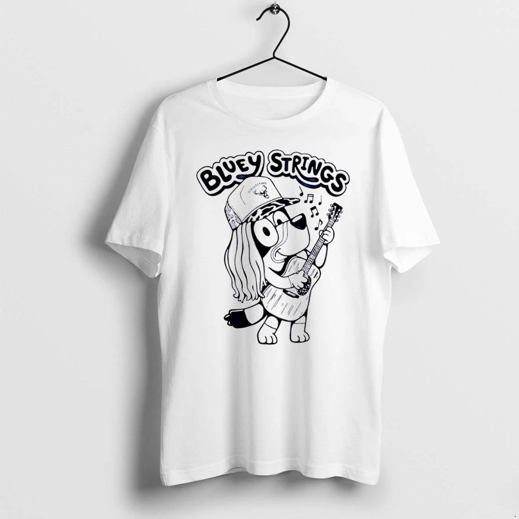 Officials Bluey Strings Collecting Cartoon Dog Playing Acoustic Guitar White Womens Premium T Shirt