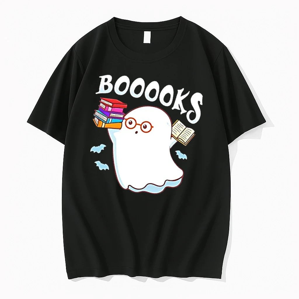 Officials Booooks Cartoon Ghost Spectacles Holding Stacked Novels Mens T Shirt Sweater