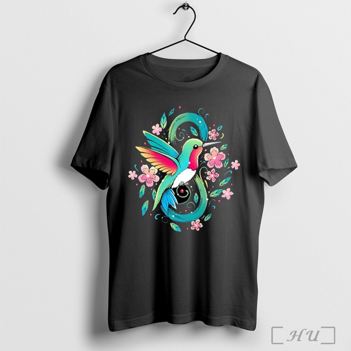 Officials Colorful Hummingbird With Pink Flowers And Leaves T Shirt