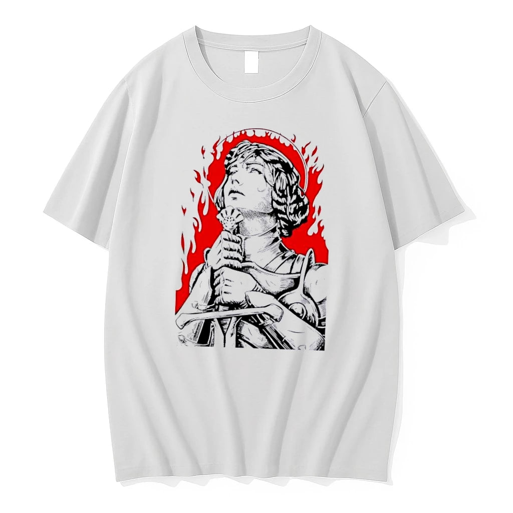 Officials Female Knight Saint Holding Sword Red Flames Halo Line Art White Womens