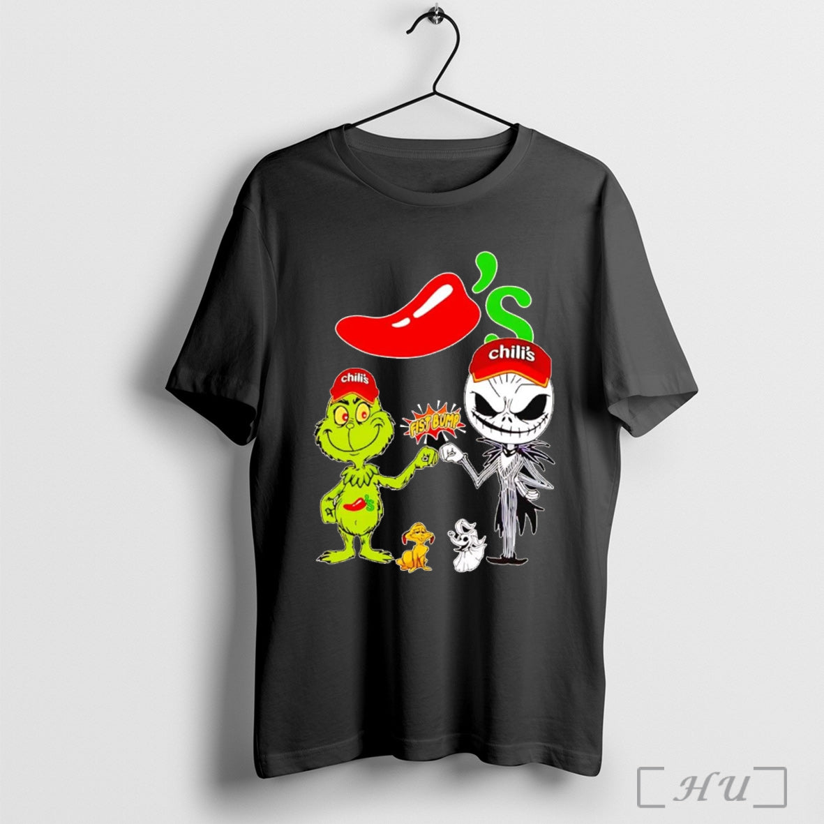Officials Grinch And Jack Skellington Fist Bump Chilis Halloween T Shirt