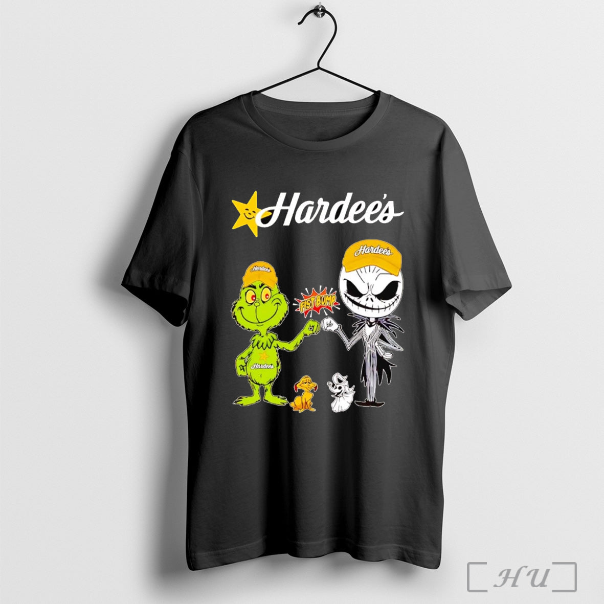 Officials Grinch And Jack Skellington Fist Bump Hardees Halloween T Shirt
