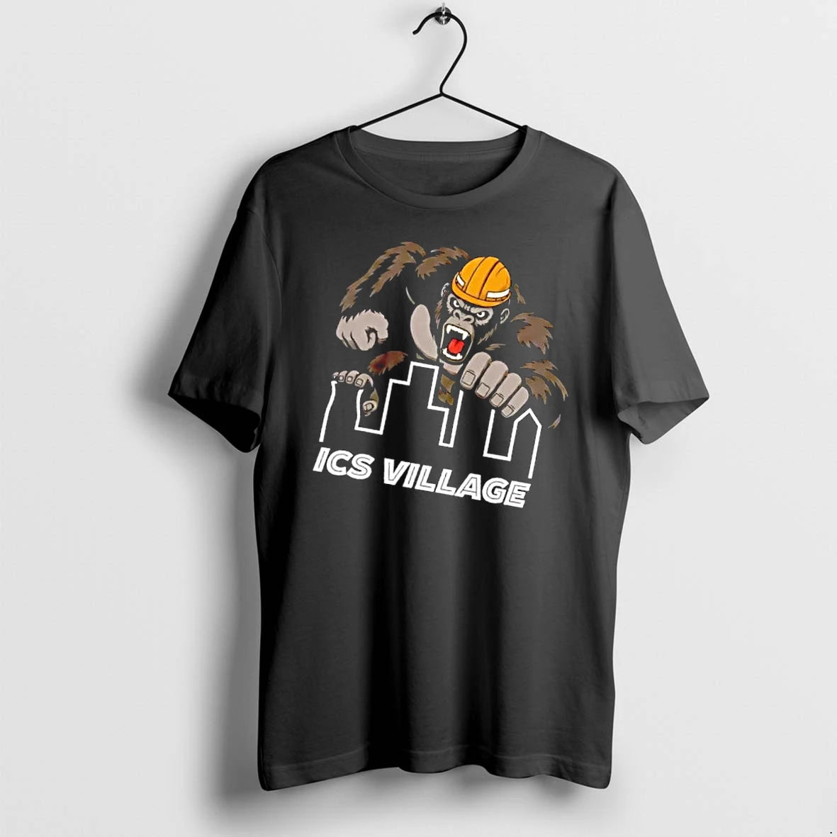 Officials Ics Village Roaring Gorilla Hard Hat City Skyline Outline Mens Premium T Shirt
