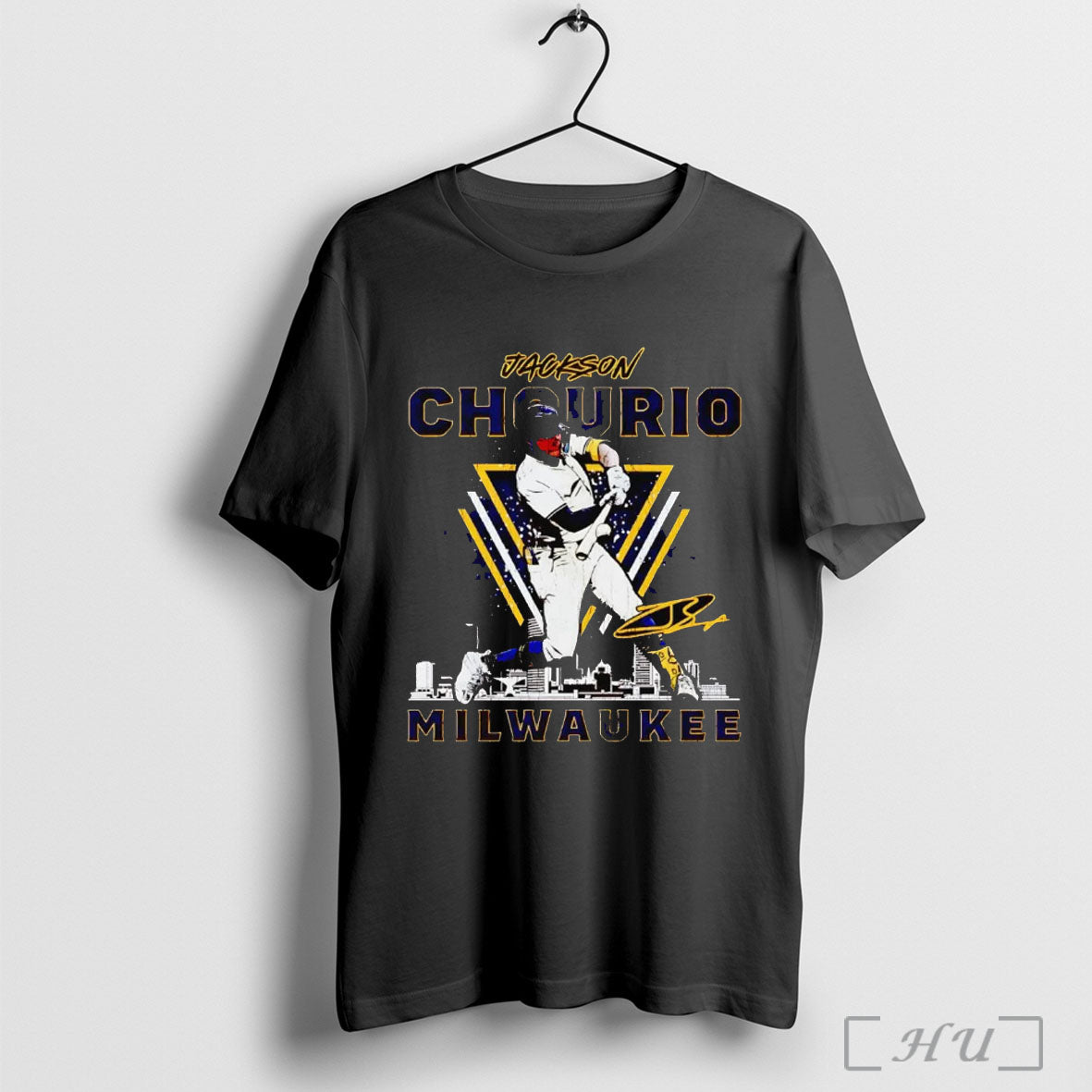 Officials Jackson Chourio Milwaukee Skyline Swing Signature T Shirt