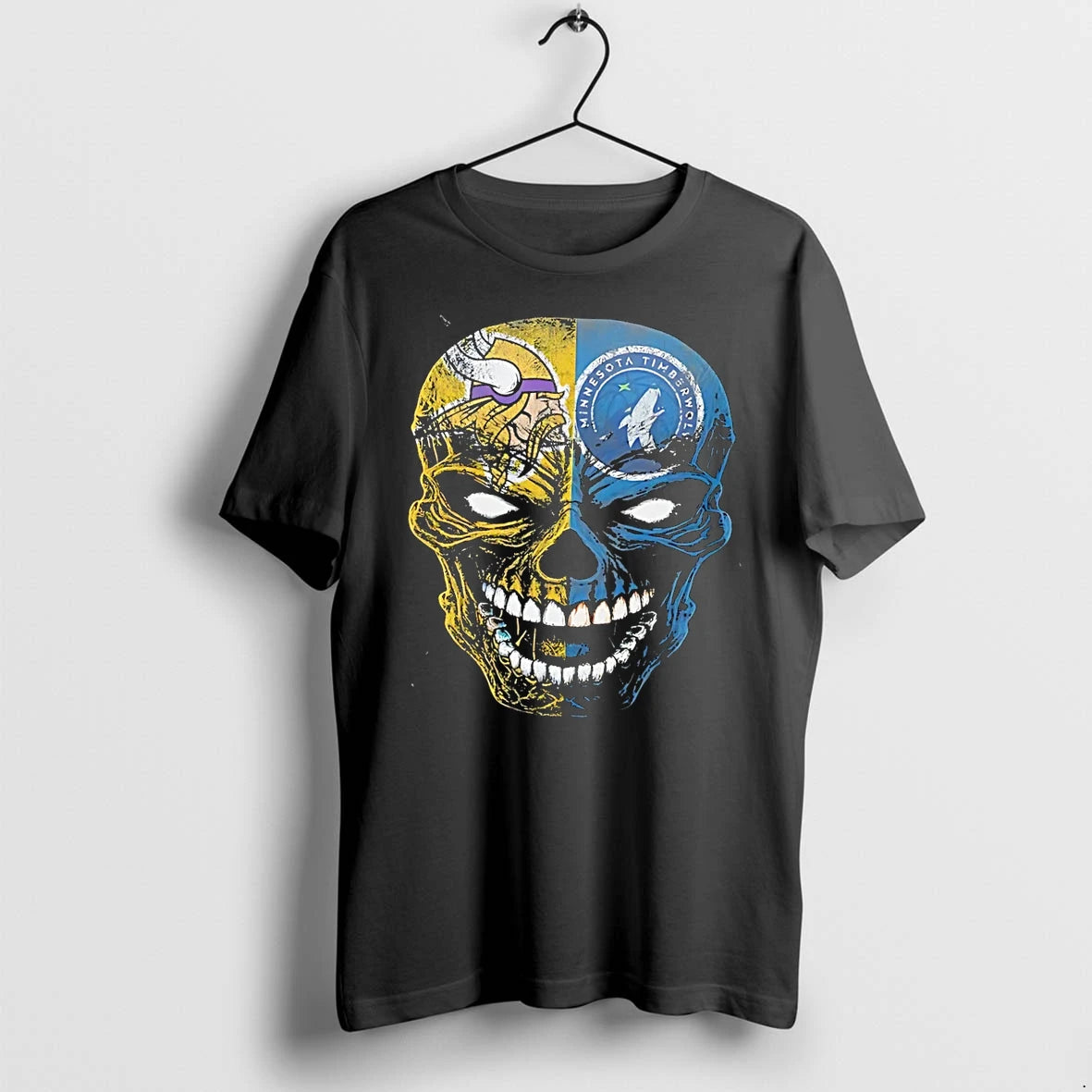 Officials Minnesota Vikings And Timberwolves Skull Logo Fan Art Black Premium T Shirt
