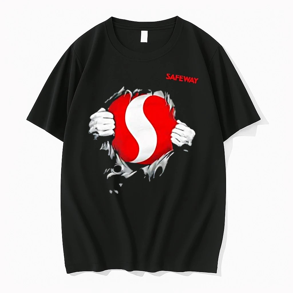 Officials Safeway Hands Tearing Open Black Chest Revealing Red White Logo Mens