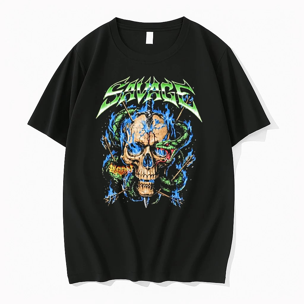 Officials Savage Skull Snake Blue Flames Arrows Black T Shirt Sweater