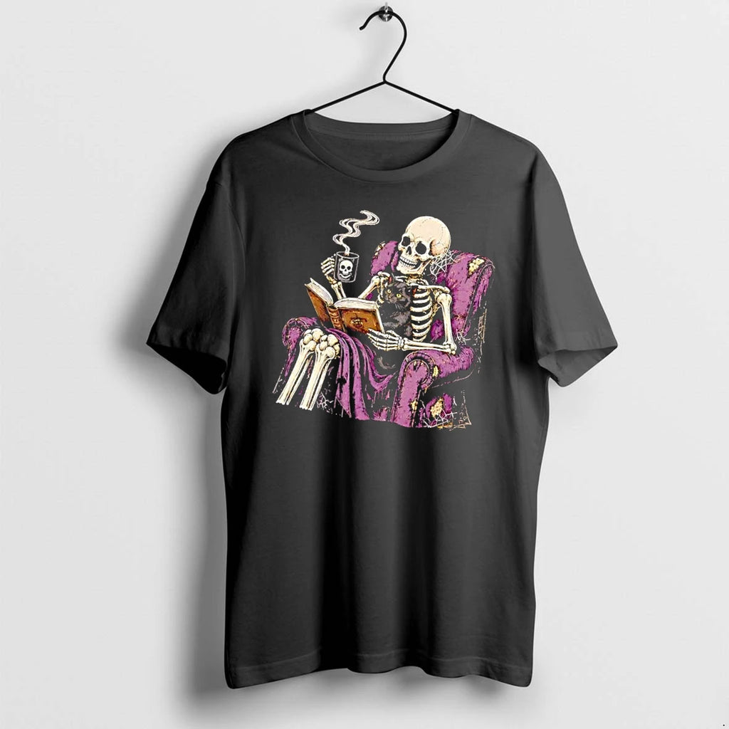 Officials Skeleton Reading Old Book Purple Armchair Black Cat Steaming Mens T Shirt Sweater
