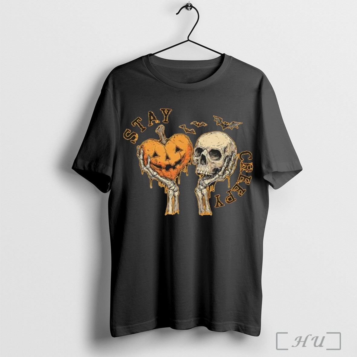 Officials Stay Creepy Skull And Heart Pumpkin Halloween Graphic T Shirt