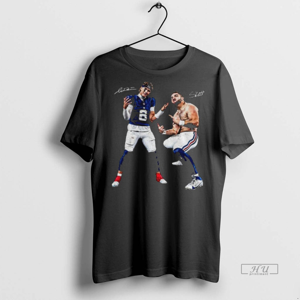 Officials Stream Giants Jaxson Dart Cam Skattebo Celebration Pose Ny Giants Signature Tee Shirt Sweater