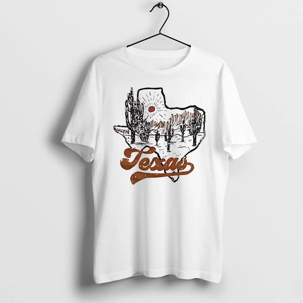 Officials Texas State Silhouette Desert Scene Cacti Sun Rays Line Art White Womens