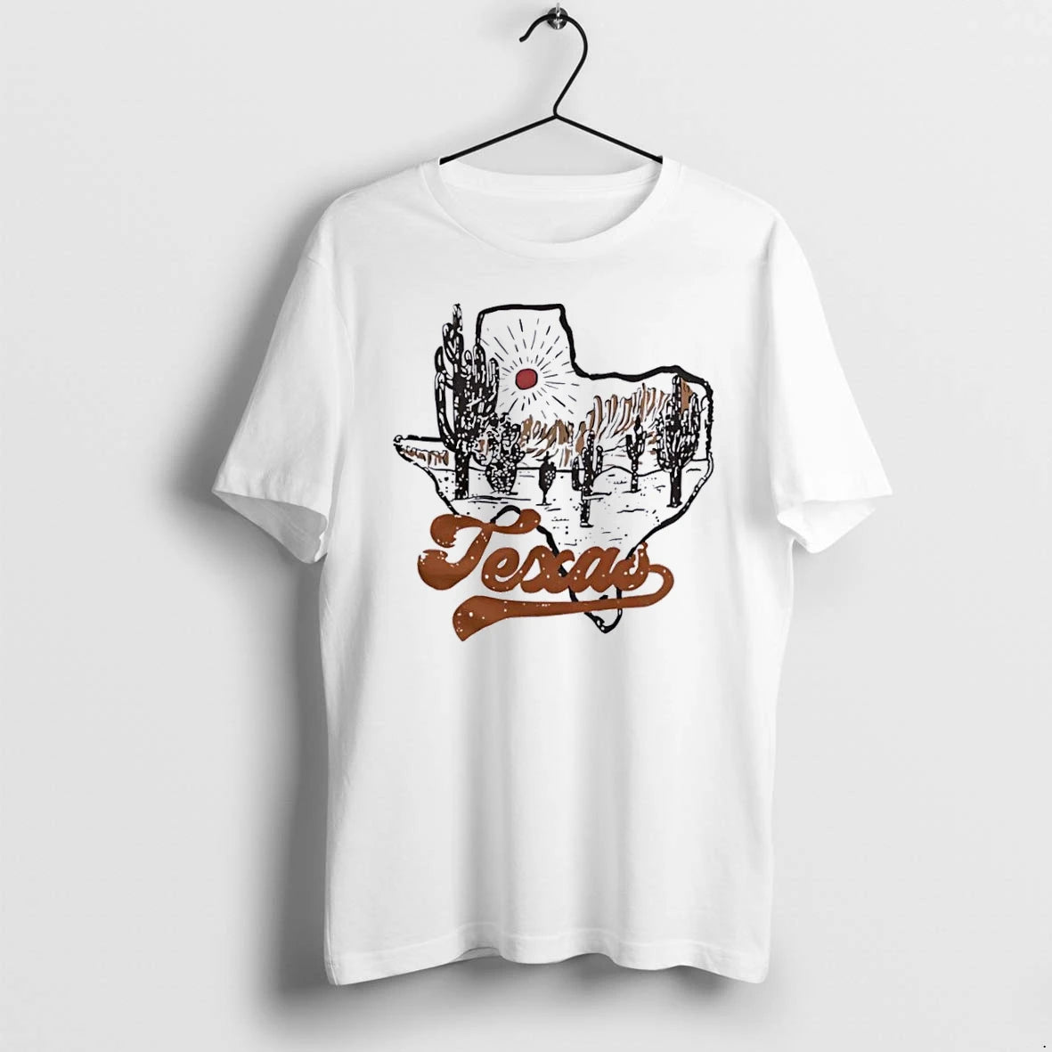 Officials Texas State Silhouette Desert Scene Cacti Sun Rays Line Art White Womens