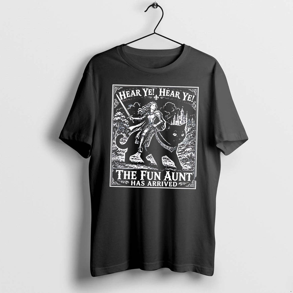 Officials The Fun Aunt Has Arrived Knight Riding Giant Black Cat Tee
