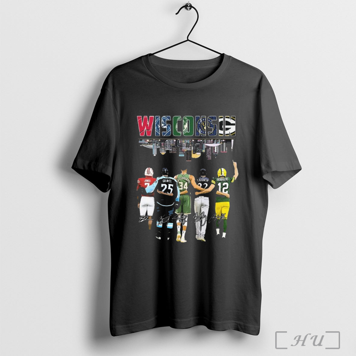 Officials Wisconsin Sports Team Jones Gravel Antetokounmpo Yelich And Rodgers Signatures T Shirt