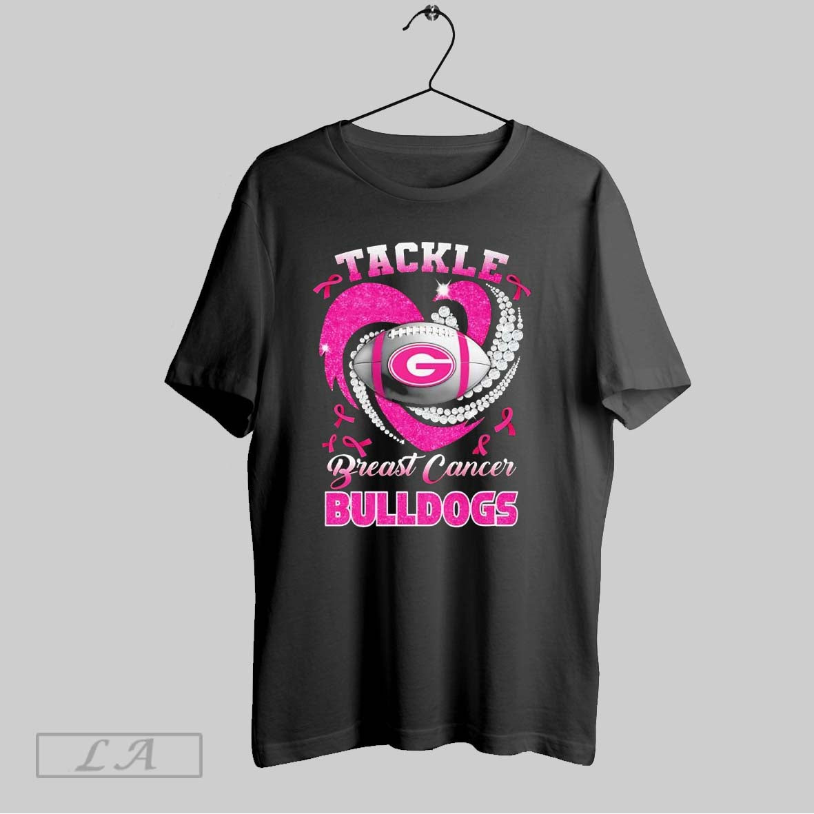 Original Green High School Football Tackle Breast Cancer Bulldogs Heart Ribbon Pink
