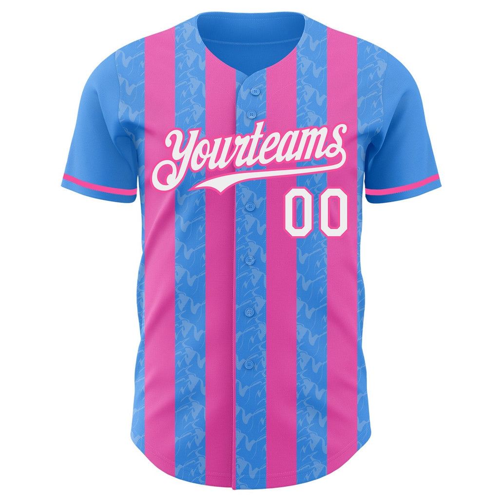 Custom Electric Blue White-Pink Classic Vertical Stripe Fluid Liquid Texture Authentic Baseball Jersey