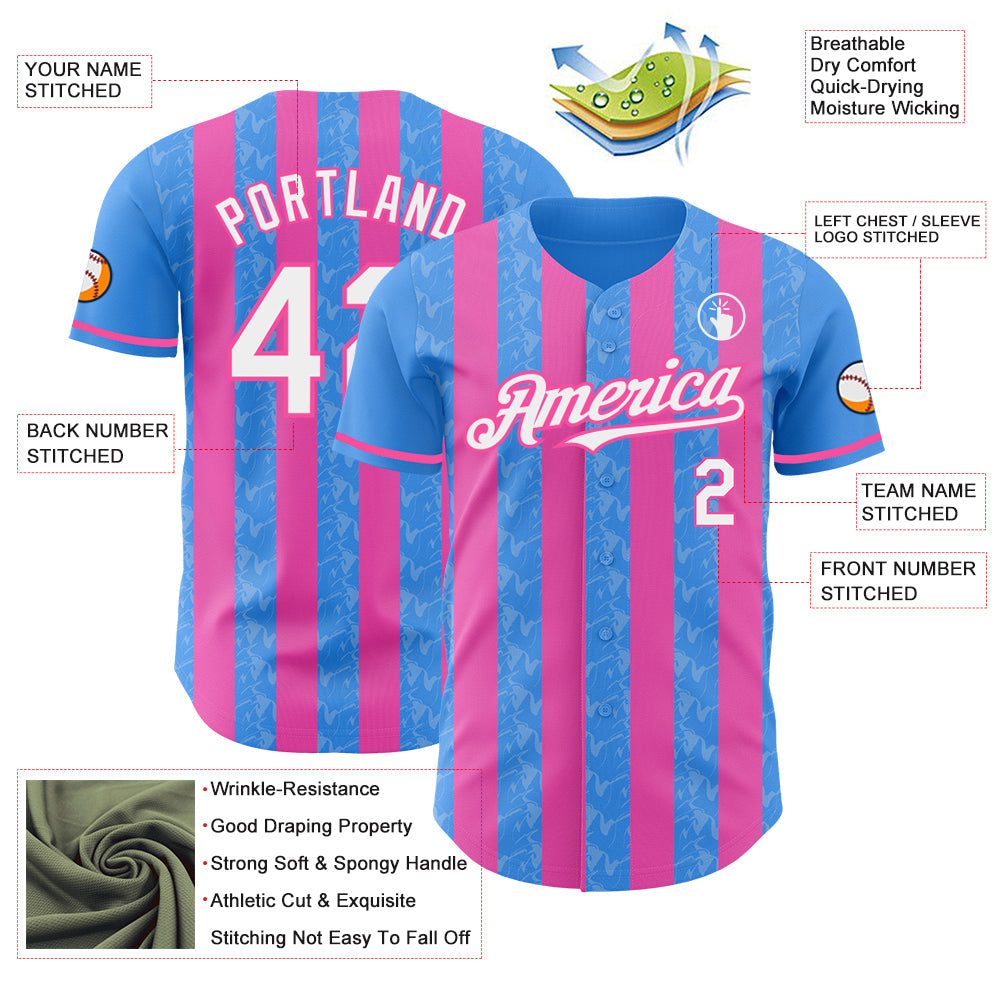 Custom Electric Blue White-Pink Classic Vertical Stripe Fluid Liquid Texture Authentic Baseball Jersey